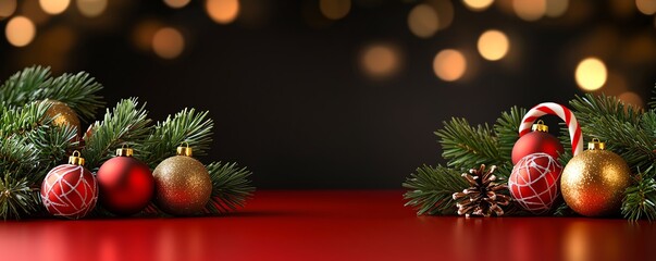 A festive arrangement featuring red and gold ornaments, pine branches, and a hint of Christmas cheer against a blurred, warm bokeh background.