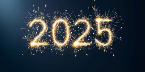 Bright and festive "2025" formed by sparkling fireworks on a dark background, symbolizing celebration, New Year, and fresh beginnings.

