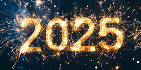 Bright and dazzling "2025" illuminated by golden fireworks on a dark background, symbolizing celebration, New Year, and festive joy.
