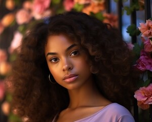 Fototapeta premium Beauty portrait of black young woman in blooming garden