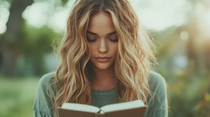 A woman deeply engaged in reading a book, surrounded by lush greenery in a peaceful outdoor setting, embodying introspection, focus, and natural beauty.