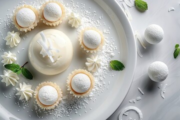 Fototapeta premium White chocolate mousse with coconut and mint garnish on a white plate.