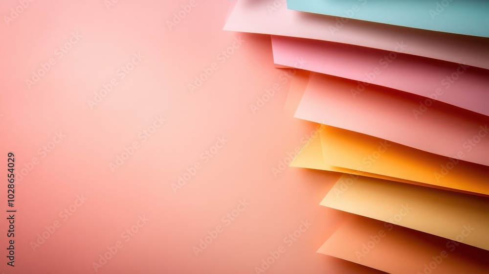 Poster a variety of colorful papers stacked neatly on top of one another against a soft gradient backdrop, 