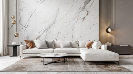 Modern Living Room with White Sectional Sofa and Marble Wall