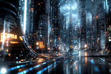 Fototapeta premium Futuristic cityscape with glowing skyscrapers under a dramatic sky.