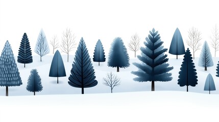 Illustration of a variety of stylized evergreen trees in a snowy landscape, featuring different shapes and shades of blue against a white background.