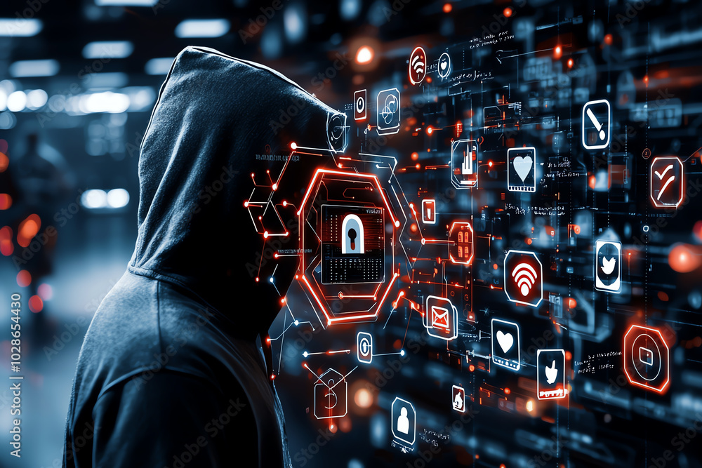 Poster hacker in a hoodie analyzing digital security icons on a dark background.