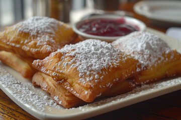 A close-up of three golden beignets dusted with powdered sugar served on a white plate with a dish of red fruit preserves.