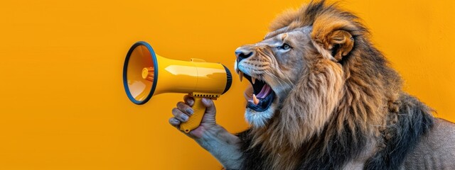Lion holding yellow megaphone on vibrant orange background, roaring image