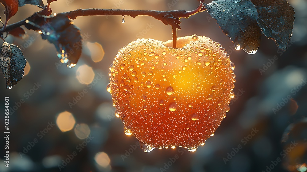Poster a single red apple with dew drops hanging from a branch.