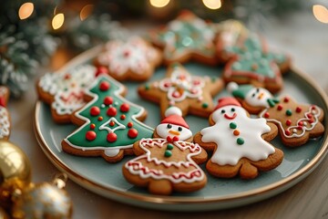 A plate of decorated gingerbread cookies with a variety of shapes, including a snowman, gingerbread man, and a Christmas tree, with a blurred background of Christmas lights and greenery.