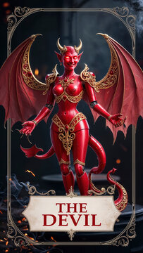 a tarot fortune card depicting a majestic horned android devil with red skin in a richly decorated medieval style
