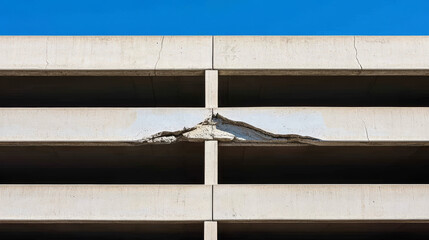 Close-up of a damaged concrete structure with large cracks and visible deterioration, highlighting structural failure and potential safety hazards.
