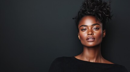 A striking woman in black gazes intently at the camera against a black background, showcasing bold confidence and sophistication with dramatic lighting.