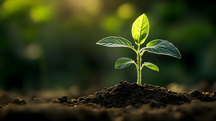 Naklejka premium A young plant emerging from rich soil, symbolizing growth and renewal.