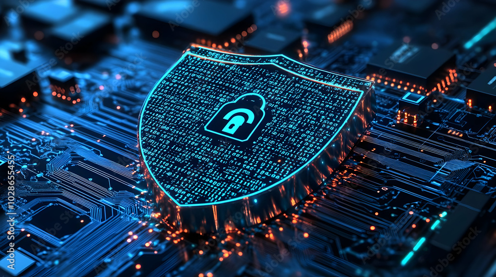 Aufkleber digital shield symbolizing cybersecurity on a circuit board.