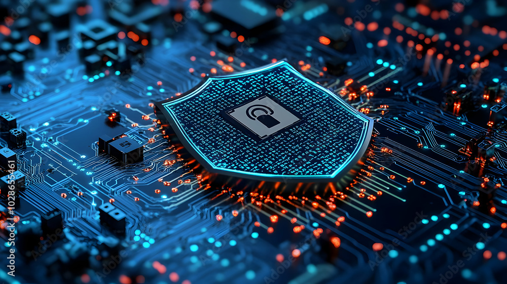 Poster digital security shield on a circuit board background.