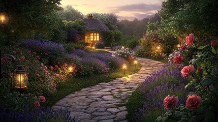 Fototapeta premium A serene garden path leading to a hidden cottage