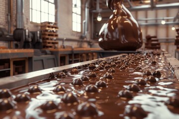 chocolate factory with gears, cogs, and molten chocolate flowing