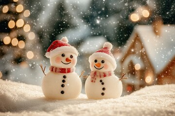 Two Smiling Snowmen in a Snowy Winter Wonderland