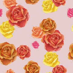 Pattern with red, yellow and orange roses. Endless texture on rose background. Print for women textile, wrapping paper, background, banner, greeting card, home textile.