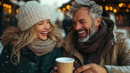A joyful couple in winter attire admires their surroundings, holding a warm cup of coffee amidst gently falling snow, perfectly capturing seasonal bliss.