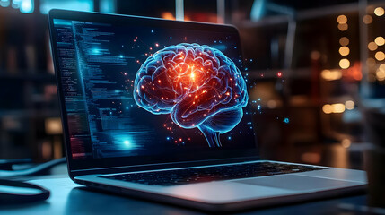 A laptop displaying a glowing brain illustration, symbolizing AI.