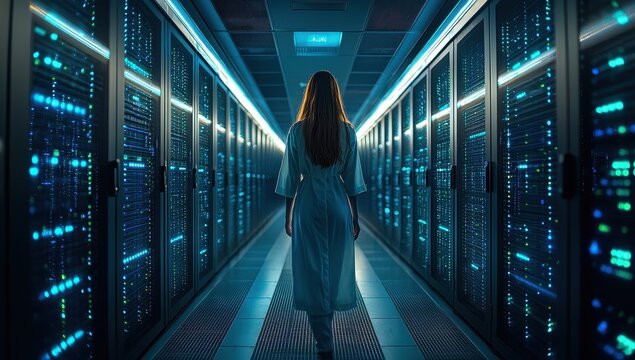 Woman walking in dark server room. Concept of data, technology, and network.