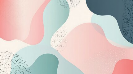 Fototapeta premium Abstract background with pink, blue, and green fluid shapes and white polka dots.