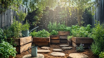 Fototapeta premium A serene kitchen garden with rustic wooden planters