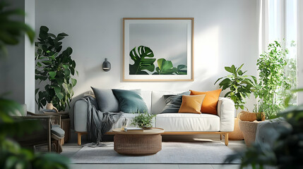 Cozy living room with plants and modern decor.