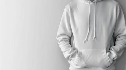White Hoodie with Hands in Pockets Against a White Wall