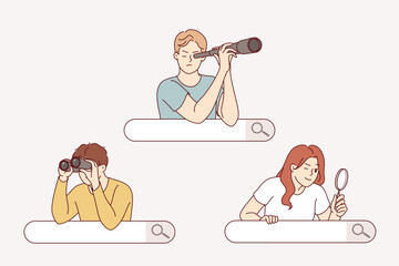 People search on internet, using binoculars or magnifying glass, looking out from behind search bar. Journalists conduct investigations collecting important information using osint technique