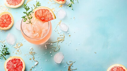 A classic Paloma with grapefruit juice and tequila, placed on a soft pastel blue background with delicate gold flourishes
