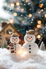 Two Snowmen in a Snowy Landscape with Christmas Lights