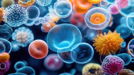 Colorful microscopic organisms in vibrant underwater scene, abstract art.