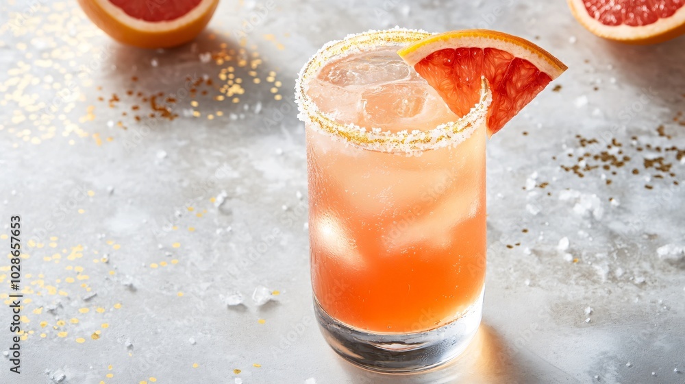 Wall mural a paloma cocktail with a salted rim, served with a grapefruit wedge, isolated on a light gray backgr