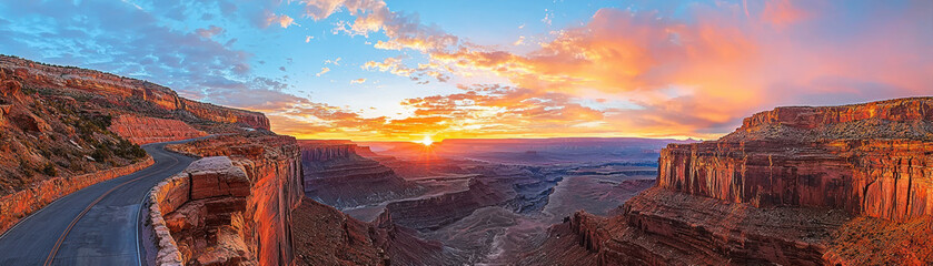 Highway at the edge of a vast canyon, sharp cliffs dropping into the abyss, dramatic sunset casting long shadows Highway landscape, Canyon sunset