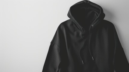 Black Hoodie with Drawstring and Hood on White Background