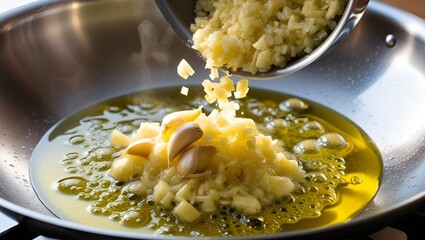 A close-up of finely chopped garlic being added to a pan of sizzling olive oil.