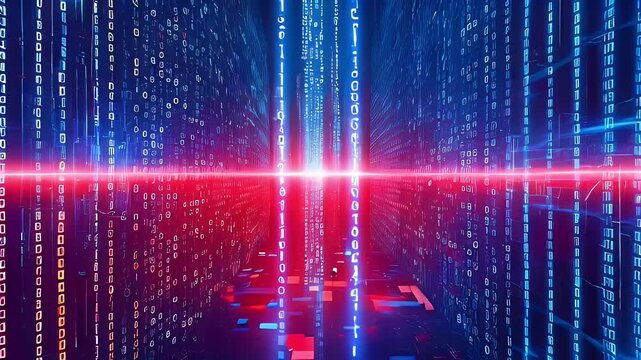 Digital binary code abstract background with red light.