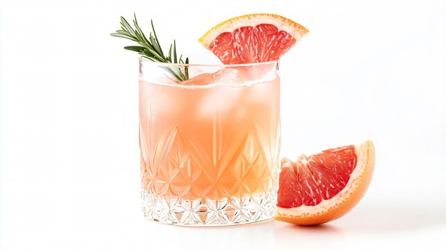 A Paloma cocktail with a slice of grapefruit, garnished with rosemary, isolated on a clean white background with elegant decorative elements
