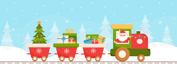 Santa Claus driving Christmas train with gifts on winter background. Train carrying presents and Christmas tree.