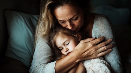 A touching scene of a mother tenderly embracing her sleeping child, epitomizing warmth, love, and maternal care. It's an intimate moment filled with serenity.