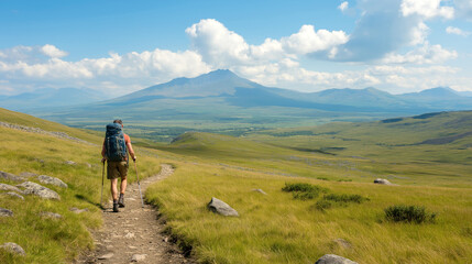 Obraz premium Hiker trekking through a scenic mountain landscape
