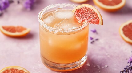 A vibrant Paloma cocktail in a glass with a salted rim, isolated on a muted lavender background with abstract floral accents