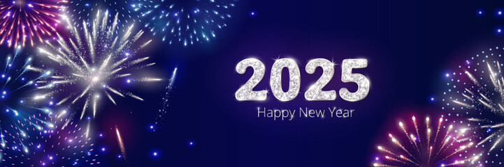 Happy New Year background. 2025 white glitter numbers. Night sky with shiny fireworks explosion. Holiday decoration. For calendars, party posters, Christmas season campaigns and social media. Vector.