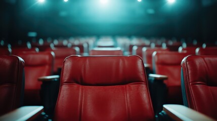 Rows of plush, empty theater seats with vibrant red upholstery and moody lighting, evoking an intimate and dramatic atmosphere, ready to welcome the audience.