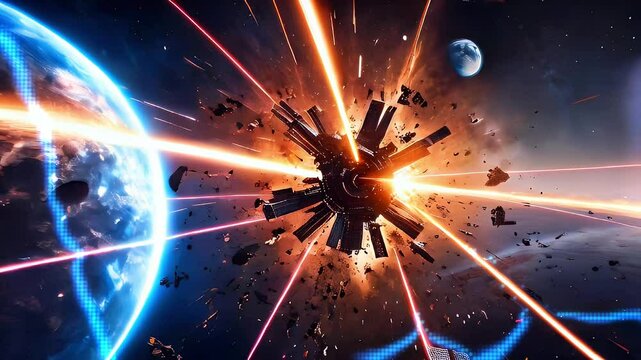 A large space station explodes into debris in front of Earth, with a bright orange light and a glowing blue planet.