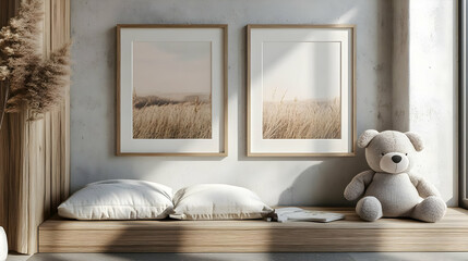 Cozy interior with framed art, cushions, and a teddy bear.